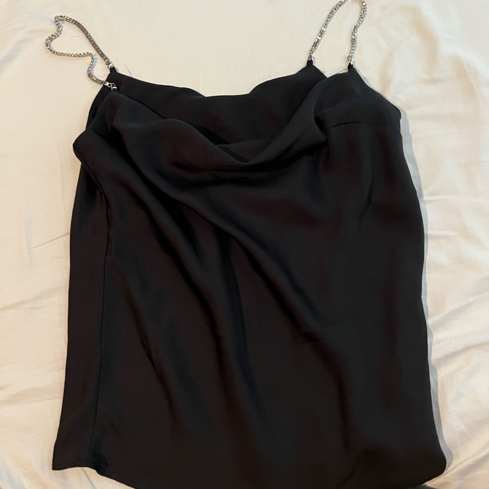 Satin cowl neck tank with rhinestone straps